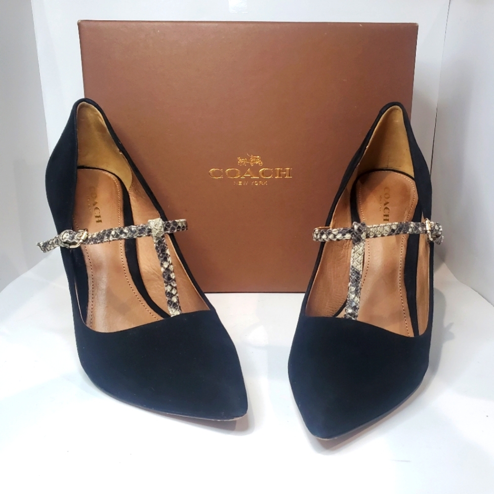 Coach Women's Size 8M Fulton Black Suede Snakeskin T-Strap Stiletto Pumps.